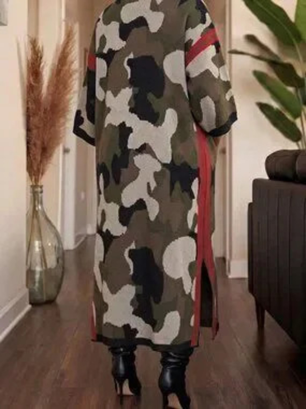 Grey Casual Women's Camouflage Pattern Long Sleeve Crochet Long Sweater